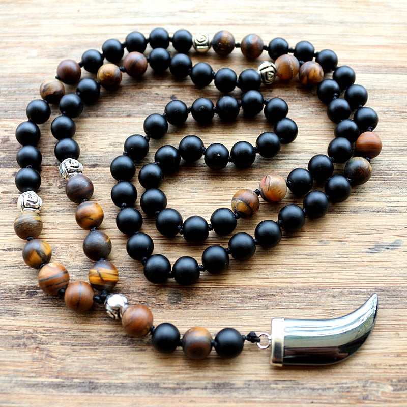 Tiger Stone Necklace with Horn Tooth Pendants